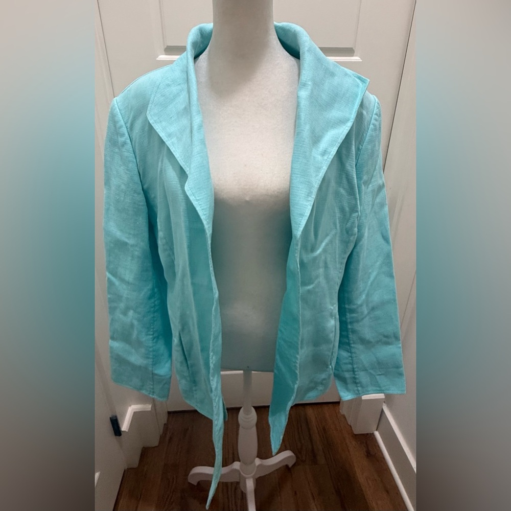 Vintage Linda Allard Ellen Tracy. Blue Linen Open Front Blazer. Size 14.